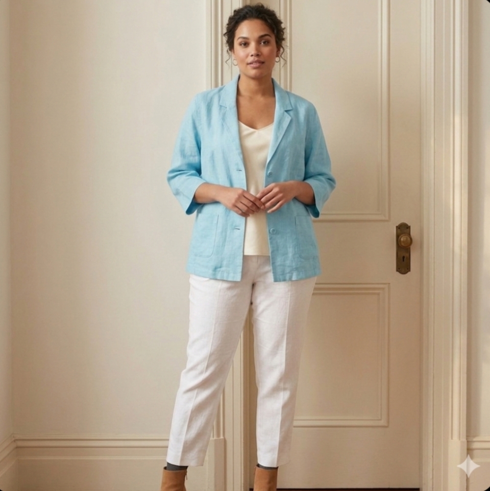 Eileen Fisher 100% Linen Blazer Jacket 1X Aqua Summer Coastal Work Lagenlook